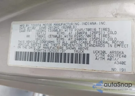 2002 Toyota Tundra Sr5 V8 from USA, damaged, VIN 5TBRT34152S331197